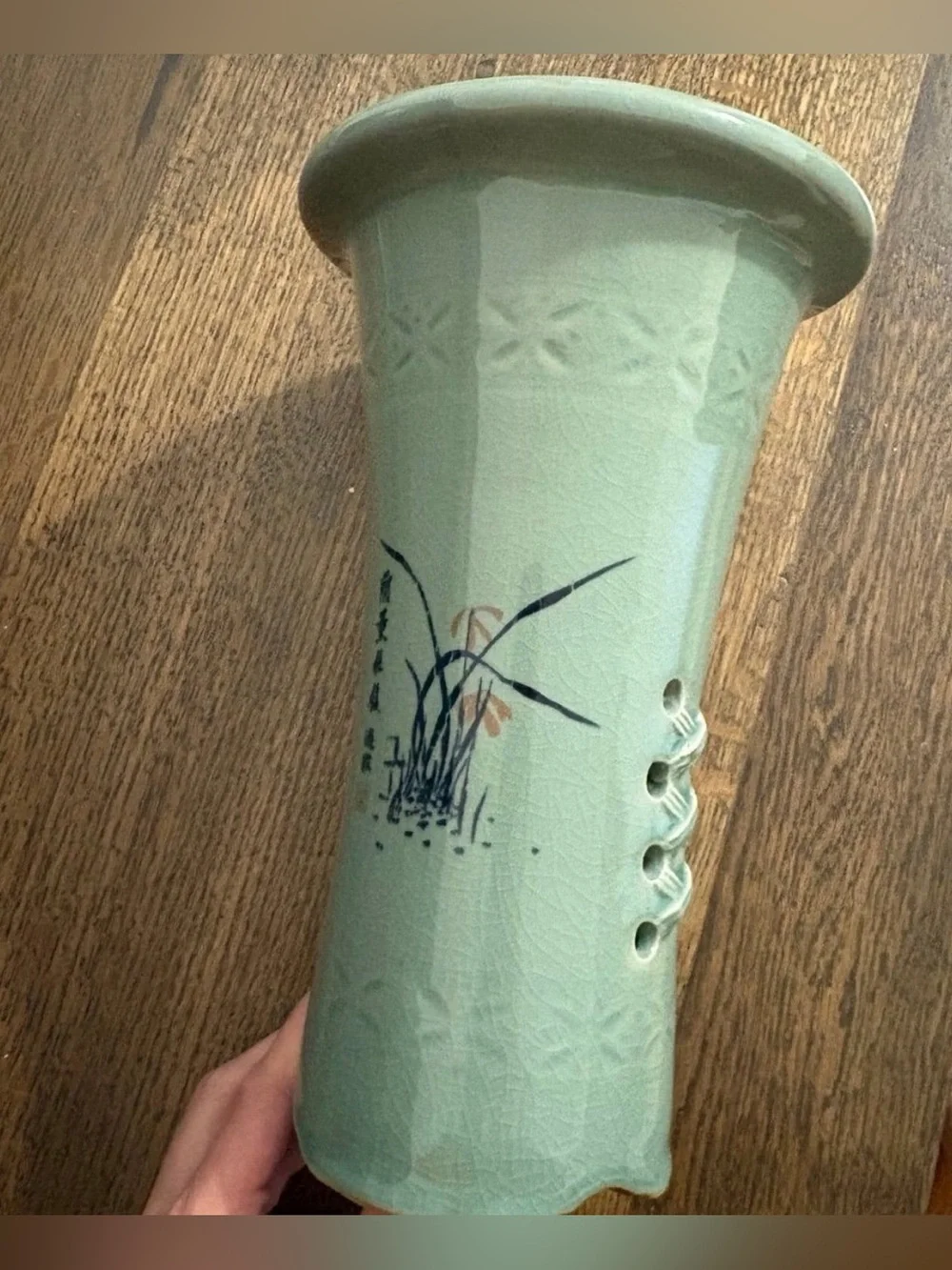 Vintage Chinese Celadon Orchid Pot Crackle Glaze Openwork Tall Cymbidium Planter